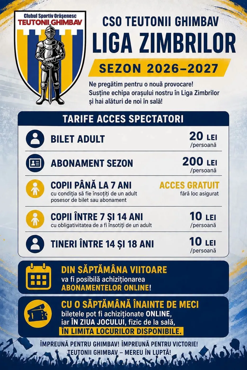 Tarifele de acces pentru sezonul 2026–2027 la meciurile CSO Teutonii Ghimbav din Liga Zimbrilor